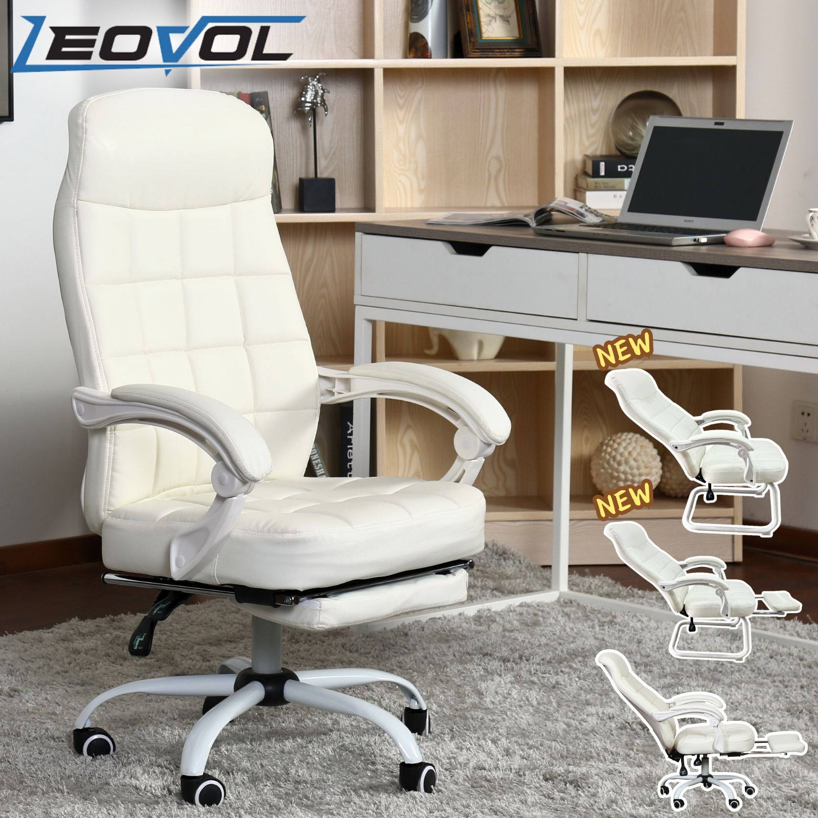 楽天1位★5冠達成 LEOVOL ゲーミングチェア 白 ホワイト 仕事 椅子 デスクチェア 女性 かわいい おしゃれ 母の日 疲れない 腰痛 リクライニングチェア 回転式 コの字型脚 オフィスチェア 肘掛け 収納式オットマン 連動式アームレスト 合皮 高級感 キャスター 3タイプ 事務用