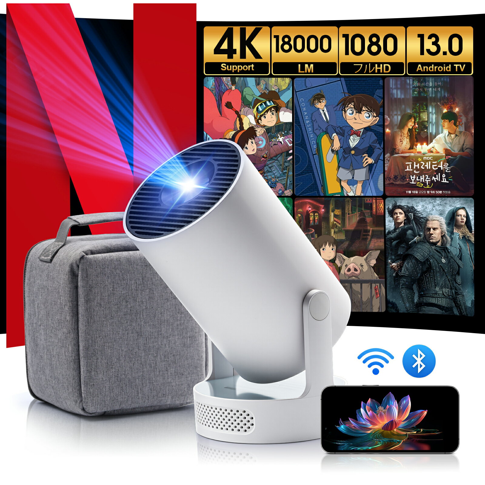 プロジェクター 2年保証 天井 投影 小型 軽量 家庭用 ホームプロジェクター Android TV 11.0 高輝度 4K対応 6GWiFi Bluetooth5.4 無線 youtube/Netflix 壁 自動台形補正 短距離 スピーカー内蔵 HDMIコード付き スマホ繋げ