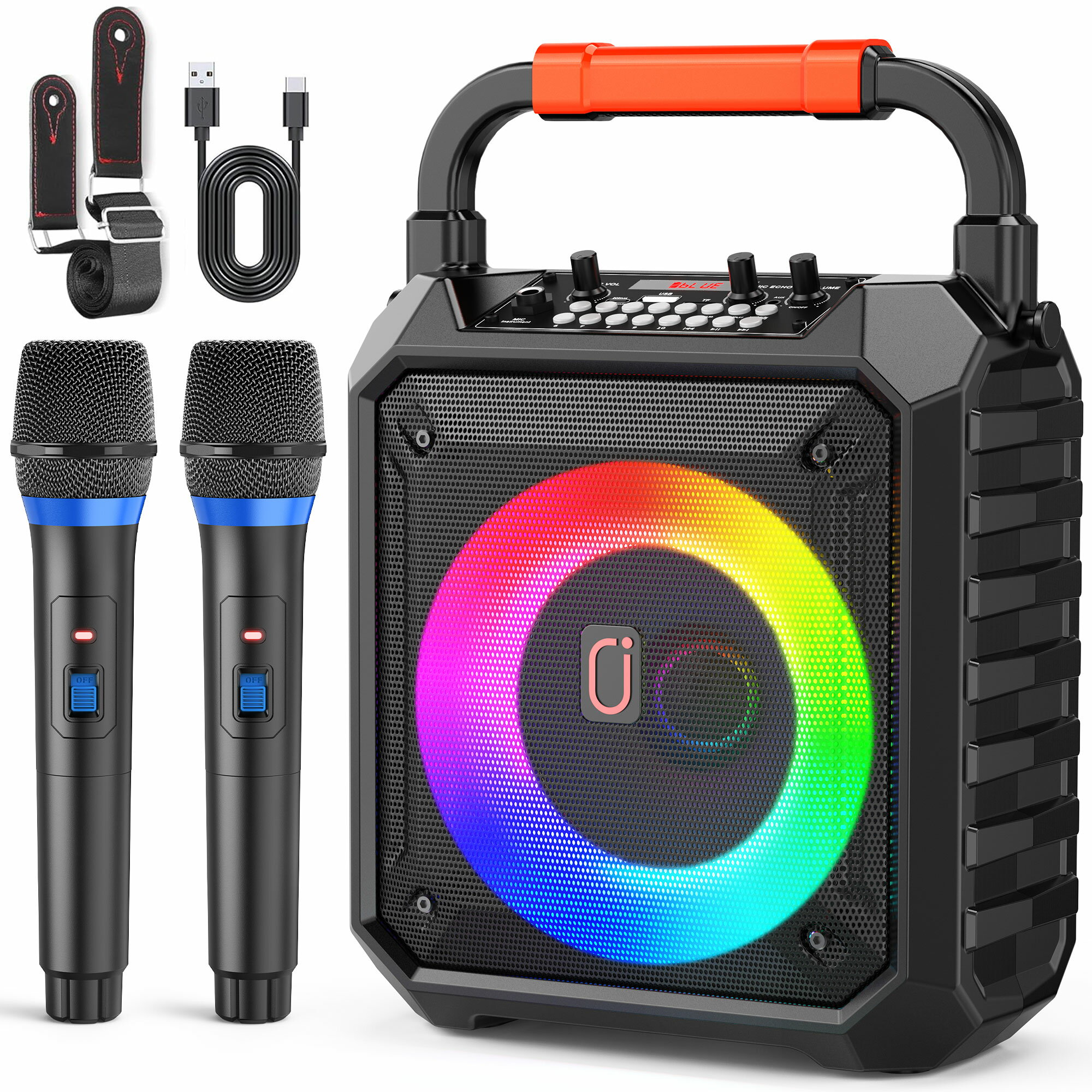【20％OFFクーポンあり】JYX 超軽量 ポータブルスピーカー bluetooth 高音質 ステレオ カラオケスピーカーセット 重低音 家庭用 カラオケ 拡声器 ワイヤレスマイク2本 小型 カラオケスピーカー マイクスピーカー usb AUX Android 対応 パーティー ライブ スピーチ