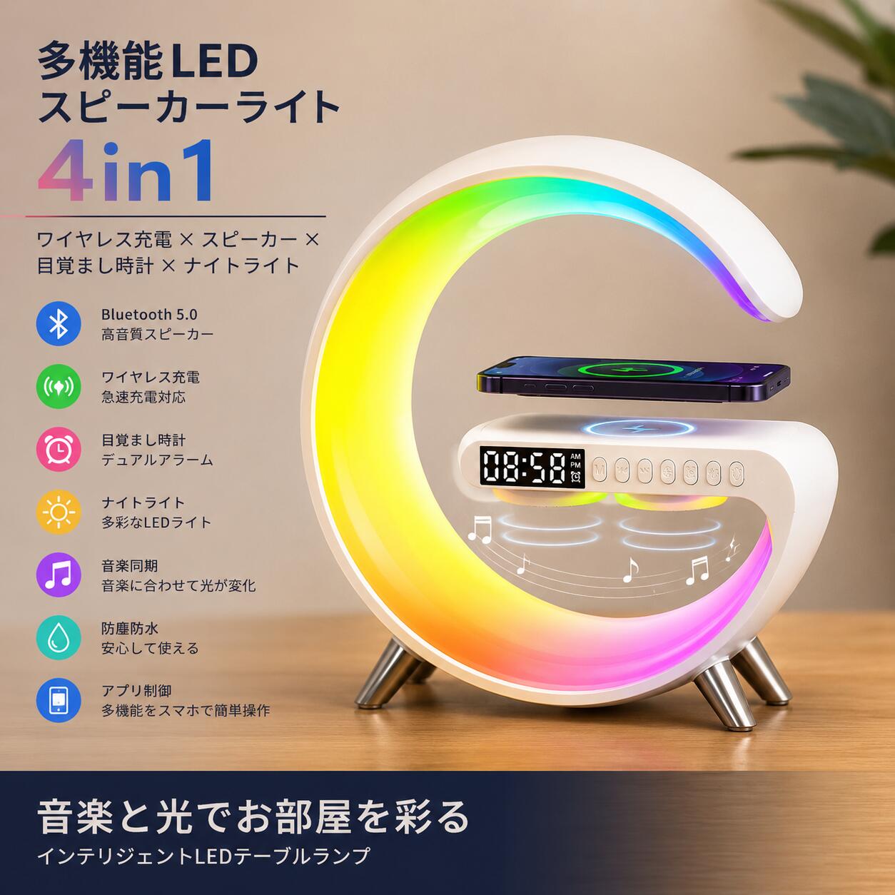 【楽天1位】レビュー特典 RUMAY スピーカー ワイヤレス充電器4in1 Bluetooth ブルートゥース 高音質 防塵防水スマート 目覚まし時計 ナイトライト 雰囲気ランプ インテリジェントLEDテーブルランプ 音楽同期 装飾用のアプリ制御 スピーカーポータブルスピーカー