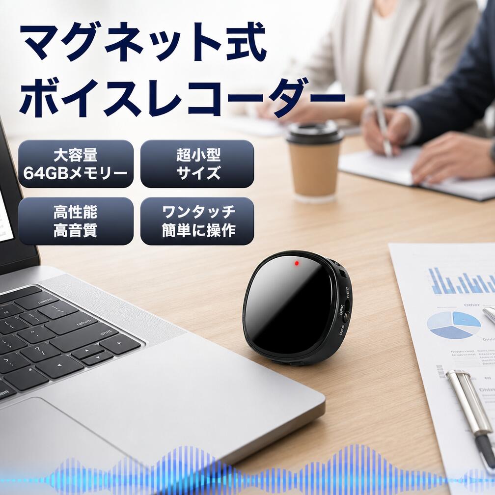 ボイスレコーダー マグネット式 64GB大容量 ボイスレコーダー 小型 icレコーダー OTG対応 MP3プレーヤー機能 スピーカー内蔵 ステレオマイク搭載 長時間録音 録音機 録音 レコーダー 簡単操作 Android/Windows対応 イヤホン付き