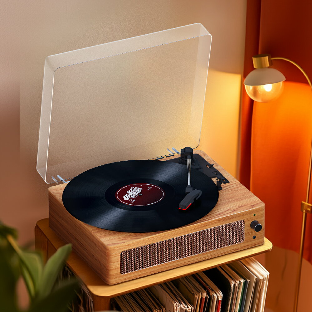 復古レコードプレーヤー 内蔵スピーカー、ブラックレコード蓄音機 33/45/78 RPM 対応、ベルトドライブに適合した レトロ音楽プレーヤー7/10/12インチのブラックレコードに対応、RCA出力、Bluetooth、AUX IN接続、アクリルダストカバー付き Bluetooth スピーカー内蔵 レトロ