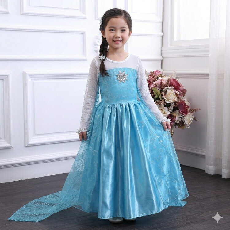 子供ドレス 女の子 長袖 ブルー 100-150cm 子供服 女の子 ドレス 子供 ドレス キッズ こども服 子ども服 コスチューム 長袖ドレス 子ども服 女の子 発表会 七五三