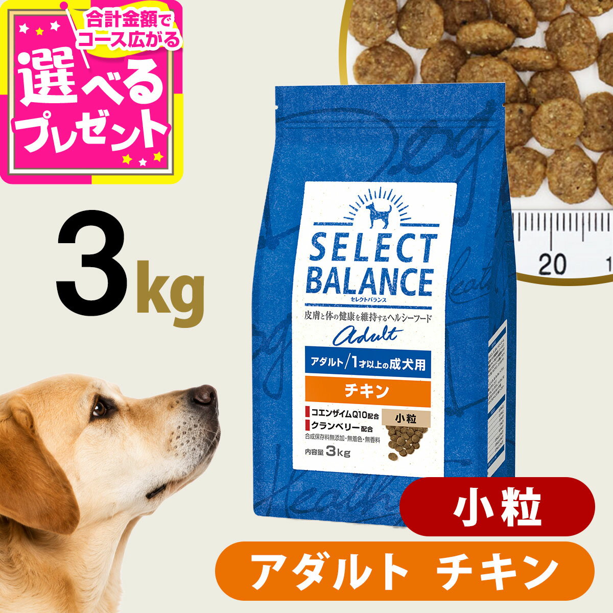 セレクトバランス アダルト チキン 小粒 3kg 成犬 1才以上成犬 犬 ドッグフードドライ 低脂肪 ヘルシー ドック 鶏肉 オメガ6 オメガ3 グルコサミン コンドロイチン【D】