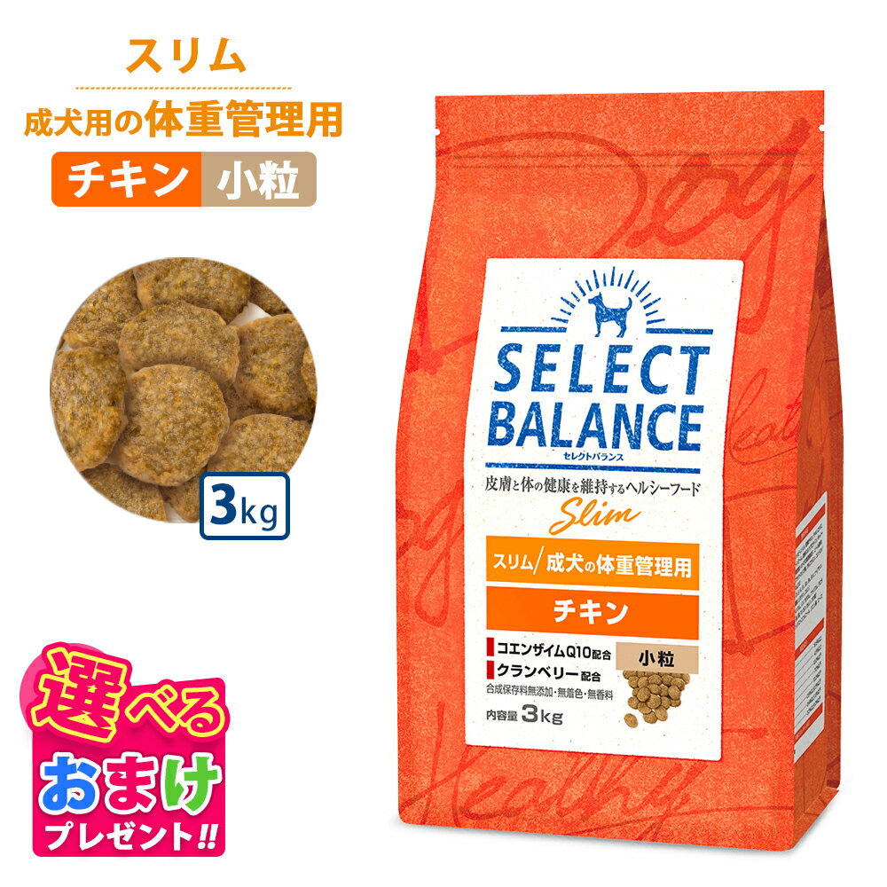 10％OFF クーポン ポイント10倍 おまけ付き セレクトバランス スリム 旧ライト チキン 小粒 3kg 3キロ 小さめ ドッグフード 成犬 栄養 栄養食 低脂肪 低カロリー 健康 コエンザイム 無着色 無香料 無添加 犬 ヘルシー ドッグ フード