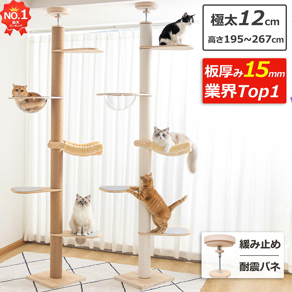 マラソン限定1000円OFF【楽天1位・板厚み15mm】あす楽 キャットタワー 突っ張り 木製 スリム 木登り シニア猫 クリアボウル シンプル キャットツリー 猫タワー 極太 直径12cm 大型猫 中型 おしゃれ 滑り止め ネコ 省スベース 宇宙船 爪とぎ 多頭飼い 安定 天然麻 コットン紐