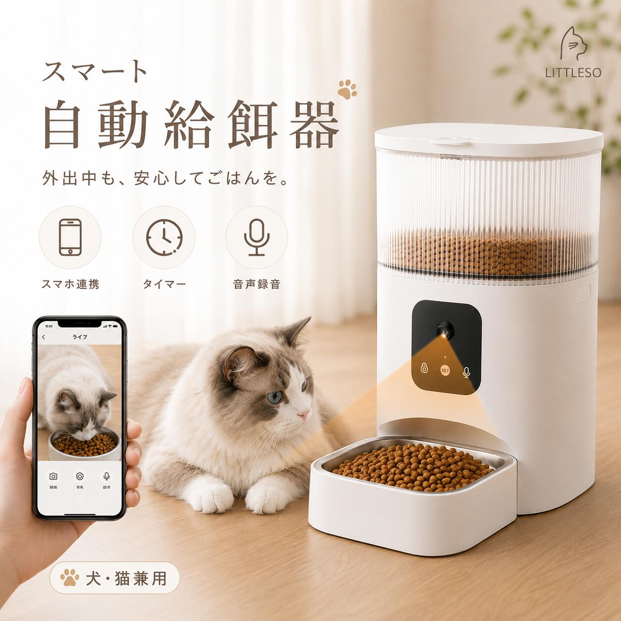 ＼獣医師おすすめ／【残量＆食事様子OK！】給餌器 猫 自動給餌器 犬 カメラ付き ペット給餌機 自動餌やり機 スマホ操作 留守番 見守り タイマー 定時定量 3L大容量 録音機能 2WAY給電 コンパクト 乾燥剤対応 クリスマス プレゼント