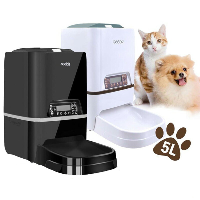 マラソンP5倍★10％券付♪自動給餌器 オートマチックフィーダー 5L大容量 白/黒 Iseebiz 自動餌やり機 水洗可能 タイマー コンセント 電池 猫犬ウサギ兼用 定時定量 健康管理 肥満防止 留守番対策