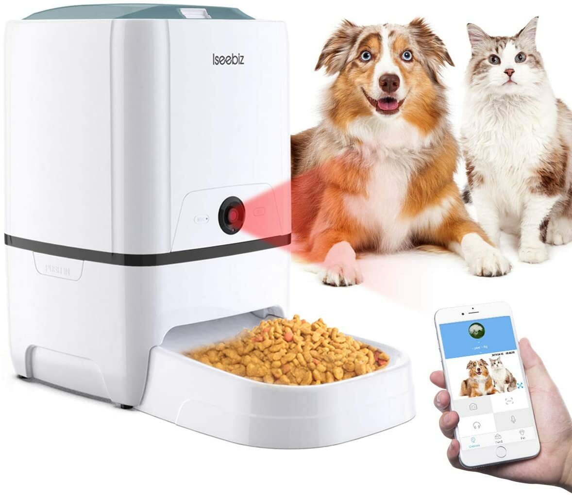【マラソン期間限定10倍P付】 カメラ付き自動給餌器 猫 犬用 Iseebiz 猫給餌機 スマホで遠隔操作 5L大容量 1日6食まで 見守り 双方向会話 録音可 水洗い可能 2WAY給電 タイマー自動 定時定量 留守も安心オートペットフィーダー