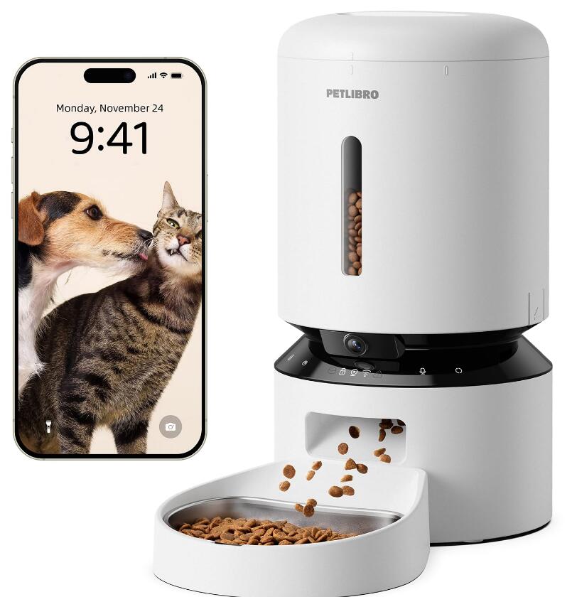 PETLIBRO 自動給餌器 猫 カメラ付き 自動餌やり器 1080P 暗視機能 スマホ遠隔操作 双方向会話 2.4G 5G WiFi対応 フード残量不足検知 詰まり防止センサー 動体検知 音声検知 ペット見守り 5L大容量 ホワイト