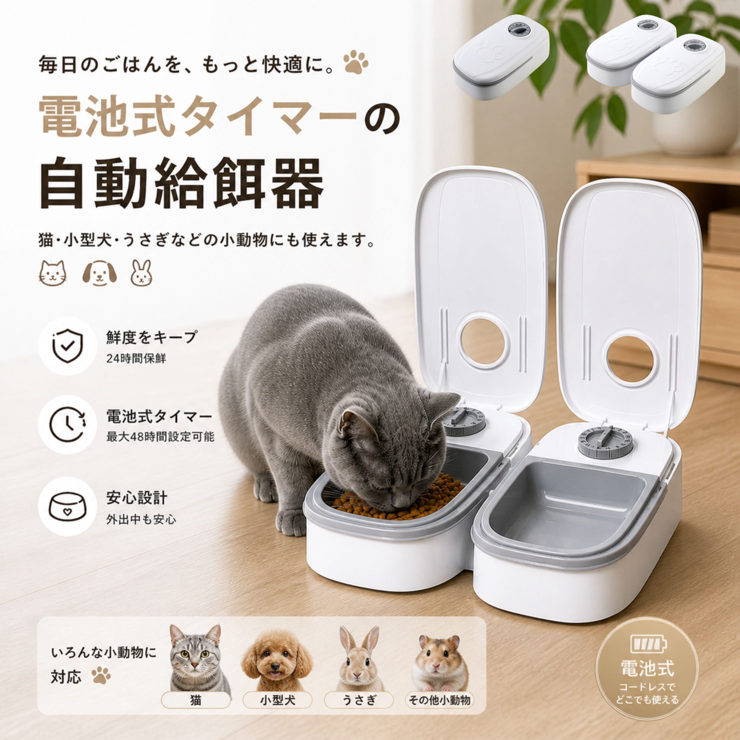 【30%OFFクーポン】自動給餌器 タイマー式 犬猫兼用 自動餌やり機 ペットフードディスペンサー 乾湿両用 蓋付き 留守番対応 コンパクト 電池式 餌入れ 小型犬 猫用 ウサギ 多頭飼い 旅行 外出