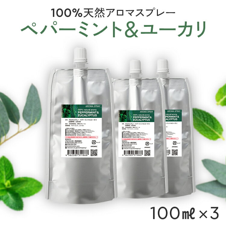 【詰め替え まとめ買い】 天然アロマ 消臭スプレー ペパーミント&amp;ユーカリ 3点セット(100ml詰替用×3) | 精油 ペパーミント ミント ユーカリ グロブルス アロマ スプレー エコパック つめかえ リフィル ルームフレグランス 消臭 芳香剤 消臭剤 アロミックスタイル