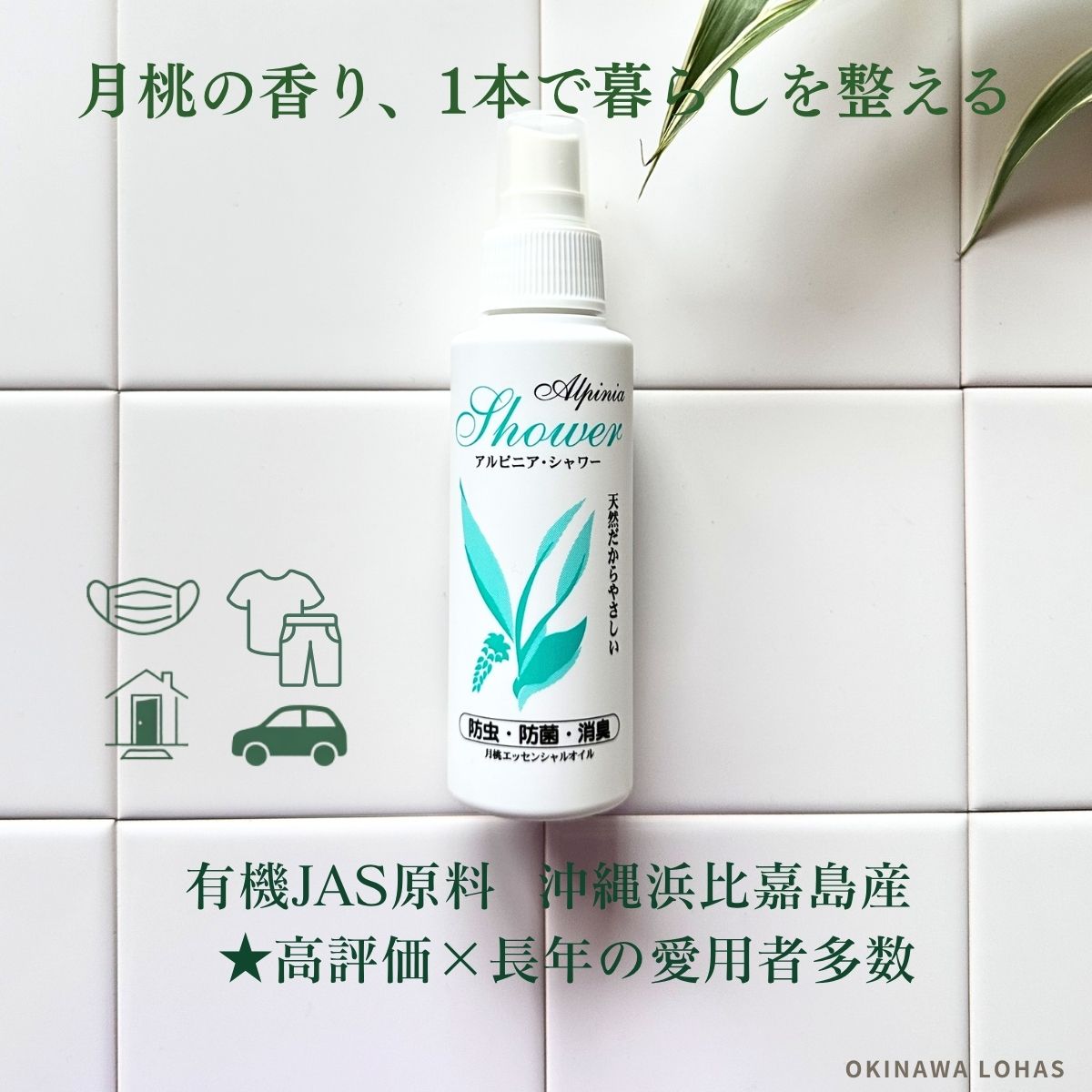 月桃 消臭スプレー アルピニアシャワー 100ml 有機JAS 沖縄浜比嘉島産 オーガニック 無添加 ペット 犬 猫 トイレ 玄関 車内 タンス 生ゴミ お部屋 ニオイ 月桃精油 赤ちゃん アルピニアシリーズ 日本月桃 日本製