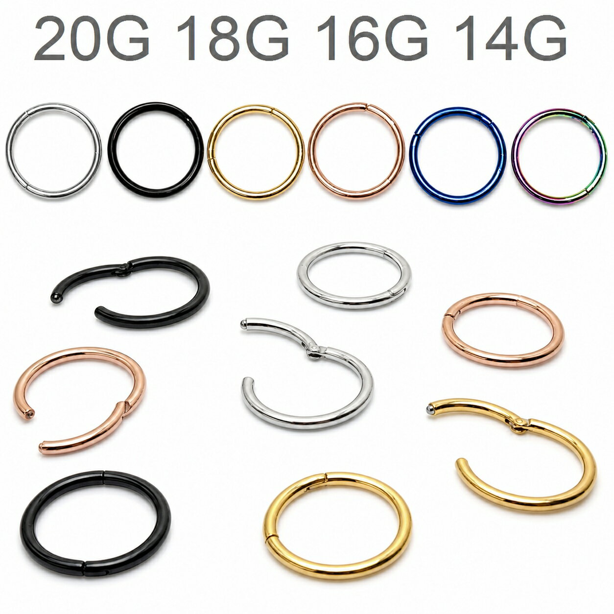 ボディピアス セグメントリング ワンタッチ クリッカー 20G 18G 16G 14G サージカルステンレス 軟骨ピアス つけっぱなし キャッチレス 鼻ピアス フープピアス シルバー ブラック ゴールド ピンクゴールド レインボー ブルー