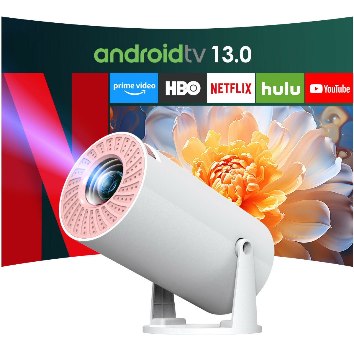 ★5/19迄限定501円OFF★プロジェクター【3年保証】【最新Android TV 搭載＆270°回転】 20000LM 天井投影 1080P WIFI6 自動台形補正 4K対応 Bluetooth5.3 小型 ホームプロジェクター 家庭用 スタンド一体型 短距離投影 50%ズーム IOS/Android/PC/PS4/SWITCH対応