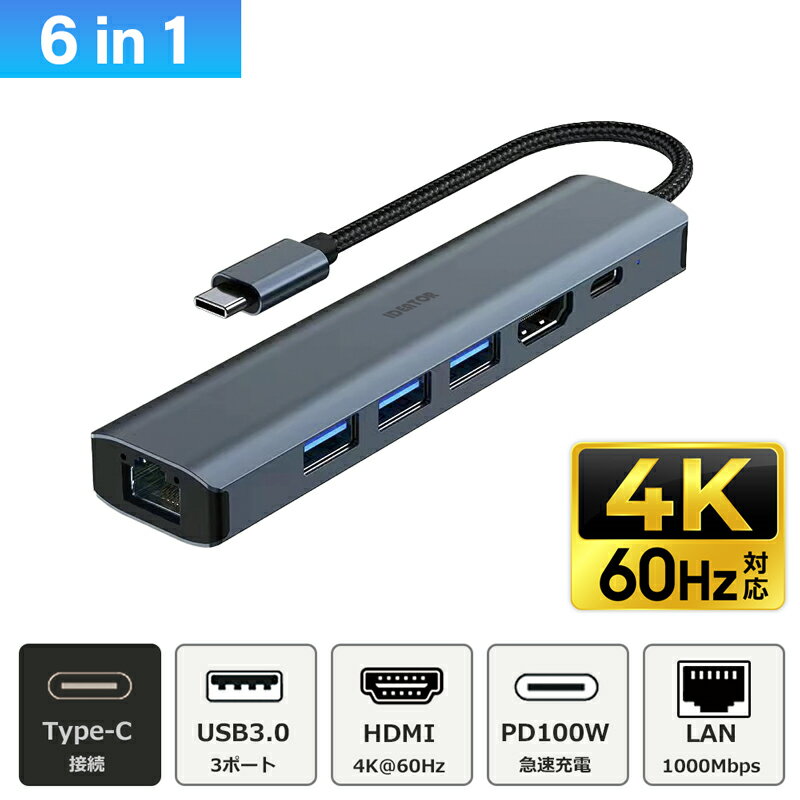 USB ハブ Type-C 6in1 60Hz 4K HDMI USB3.0 PD対応 LAN 1Gbps ポート hub ドッキングステーション 高解像度 USB-C ハブ 変換 USB-C アダプタ 有線LANアダプター 有線接続 スマホ iPhone pro max MacBook iPad air Pro Surface Android ノートPC nintendo switch
