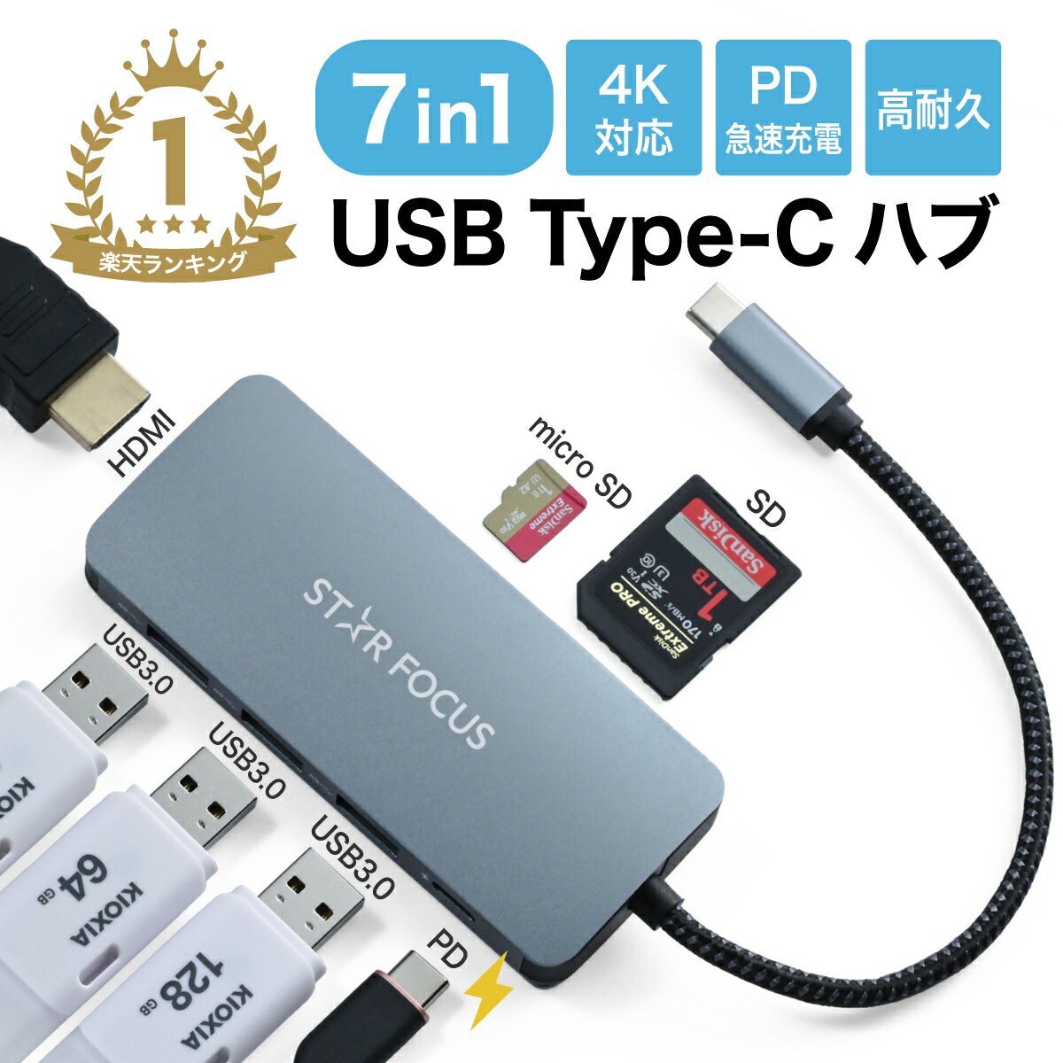 【6/19~6/26 最大10%OFF】iPhone17対応 USB Type-C ハブ 7in1 USB変換アダプタ HDMI 4K USB3.0 ポート PD急速充電 SDカードリーダー マルチカードリーダー 高速 データ移行 ケーブル USB-C タイプC typec SDカード MacBook Air iPad Pro Surface Nintendo Switch