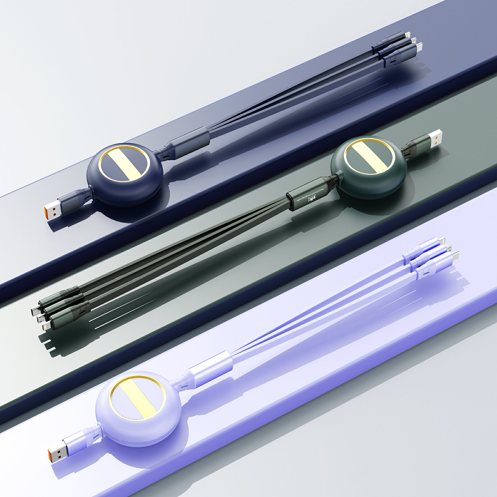 RoiCiel 充電ケーブル 3in1 巻き取り 充電 コード リール式 充電器 まきとり 充電ケーブル a 充電器 3in1 巻き取り式 充電器 100W SCP対応 急速充電 データ転送 USB-A Type-C Lightning Micro 3台同時 5段階長さ調節 iPhone17 16 15 Android Switch iPad ノートパソコン
