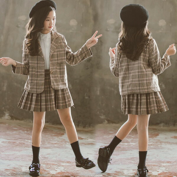 【15日限定10％OFFクーポン】子供スーツ 女の子 キッズ 子供服 2点 セットアップ 上下 入学式 入園式 フォーマルスーツ アンサンブル ジャケット 制服 チェック柄 スカートセット カジュアル ジュニア セレモニースーツ 春 卒業式 発表会 結婚式 七五三 お受験 プリーツ