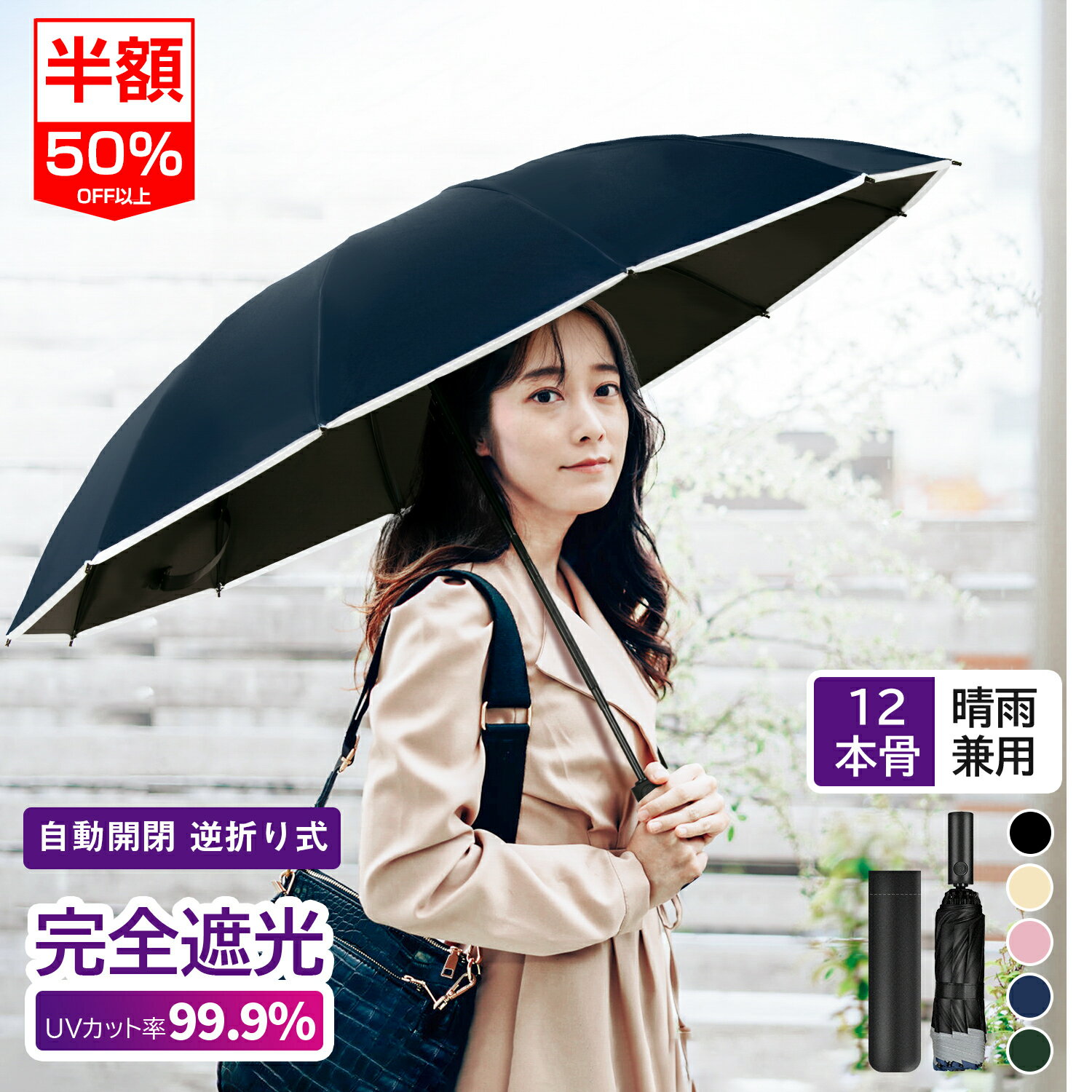 VARNIC 日傘 形状記憶 折りたたみ 自動開閉 折りたたみ傘 遮熱+UV99.9% 12本骨耐風 男女兼用 完全遮光 携帯便利 頑丈 風に強い 撥水 日本語説明書