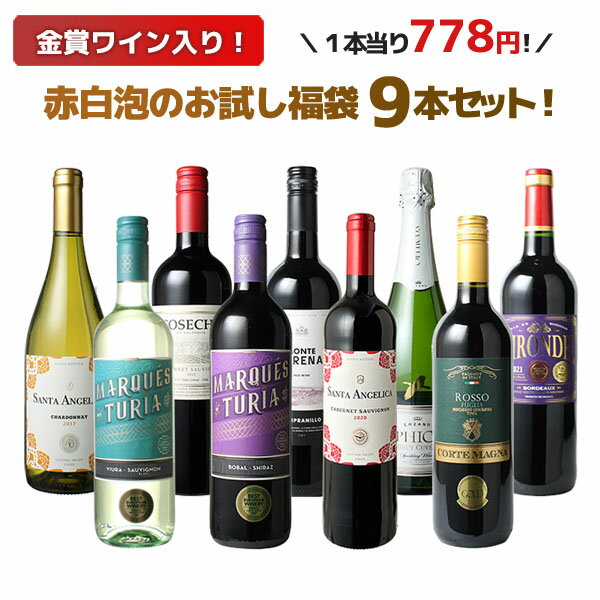 【送料無料】ワインセット お試し 福袋 9本 セット 金賞入 赤 白 スパークリングワイン 中身の見える福袋 家飲み 御祝 誕生日 結婚祝い 父の日 ギフト プレゼント お祝い ソムリエ厳選 ワイン wine ミックスセット 第195弾