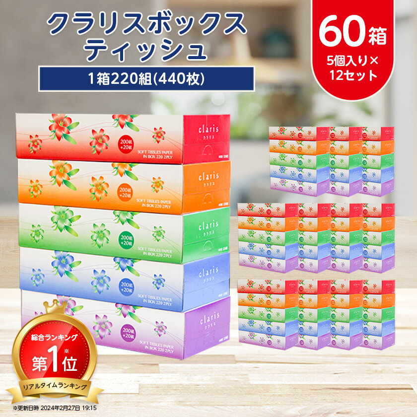 【ふるさと納税】ランキング1位獲得! _クラリスボックスティッシュ60箱(1箱220組(440枚))(5個入り×12セット)_ ティッシュ ティッシュペーパー 日用品 常備品 生活用品 まとめ買い 【配送不可地域：離島・沖縄県】【1256759】