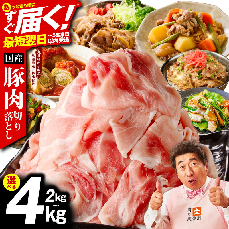 【ふるさと納税】最短翌日発送 国産豚肉 切り落とし 2kg / 4kg 氷温熟成 極味付け 1P 500g 豚 肉 豚肉 熟成肉 国産 カレー 野菜炒め 豚丼 豚汁 発送月 訳あり 冷凍 ストック 時短調理 5営業日 大阪府 泉佐野市 送料無料 肉の泉佐野