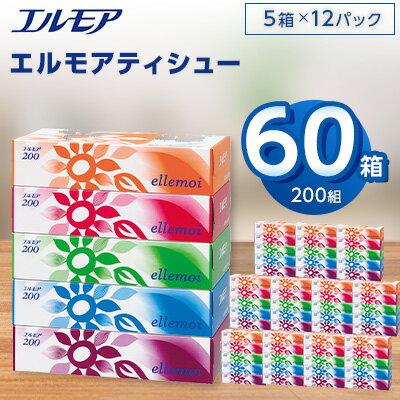 【ふるさと納税】エルモアティシュー200組5箱×12パック(60箱)【離島・沖縄県不可】_ ティッシュ ティッシュペーパー 日用品 消耗品 まとめ買い 常備品 生活用品 ボックスティッシュ 【配送不可地域：離島・沖縄県】【1240613】