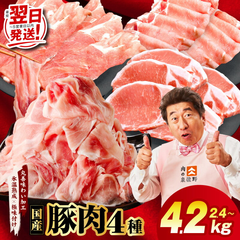 【ふるさと納税】国産 豚肉 4種 福袋 選べる 内容量 合計 2.4kg / 4.2kg 発送月 定期便 切り落とし ロースステーキ ももスライス ローススライス 小分け 訳あり 普段使い セット 味わい加工 熟成肉 氷温熟成 限定 最短 翌日発送 5営業日 泉佐野市 送料無料 肉の泉佐野