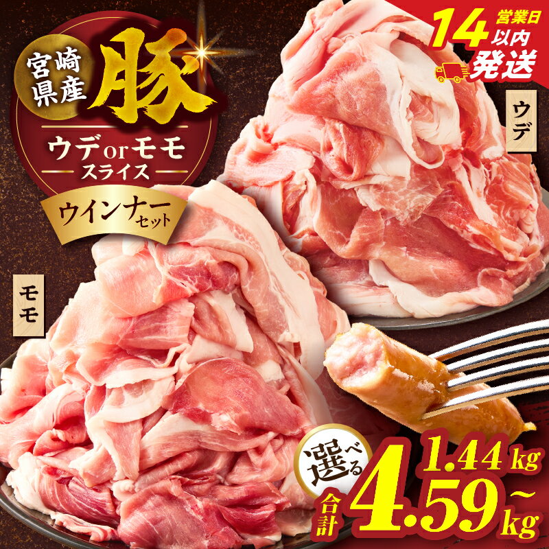【ふるさと納税】訳あり 【14営業日以内発送】【内容量・発送月が選べる】宮崎県産 豚 スライス (ウデ・モモ) ＆ 粗挽きウインナー セット 合計1.44kg 合計2.34kg 合計4.59kg 肉 豚肉 赤身肉 小分け 詰め合わせ BBQ 国産 人気 おすすめ 豚丼 数量限定 ギフト ミヤチク 都農町