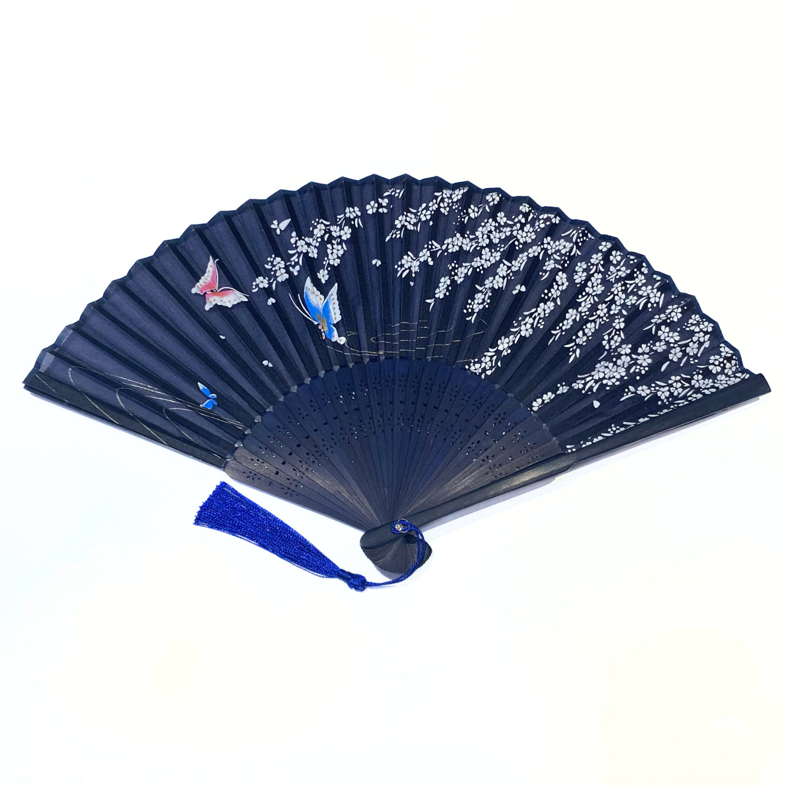 扇子 シルク 蝶々 柄 ネイビー　お土産に 人気 hand fan folding fan